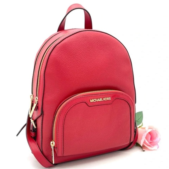 Michael Kors Medium Jaycee Zip Pocket Backpack Red/Gold - Picture 2 of 12